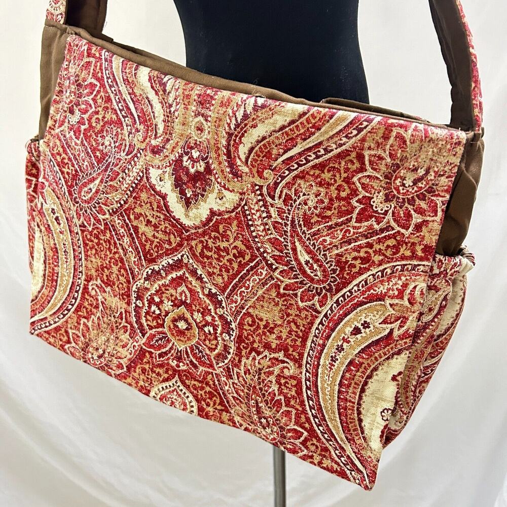 Handmade Satchel Shoulder or Diaper Bag Red Paisley Tapestry Brown